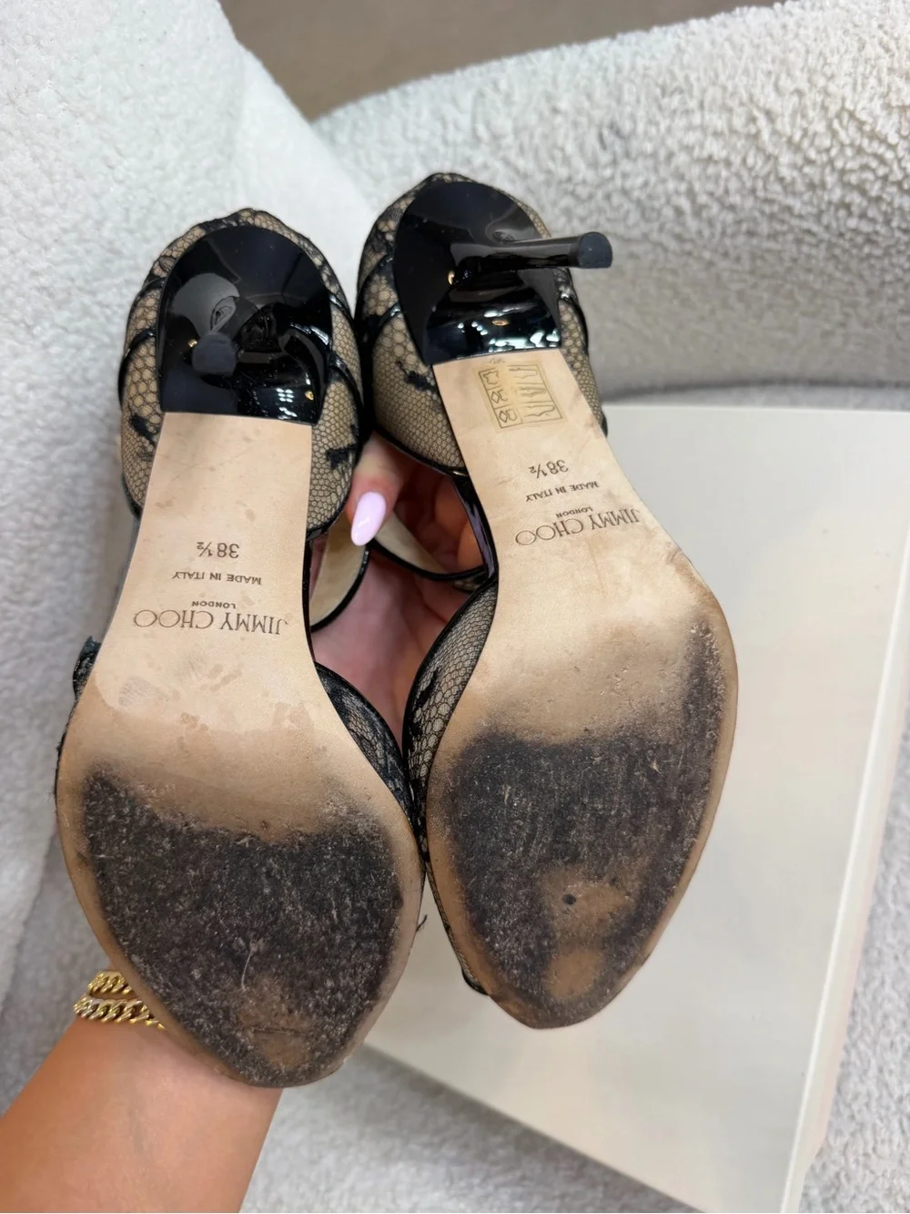 Jimmy Choo Black Lace Peep-Toe Heel with Ankle Strap size EU 38.5